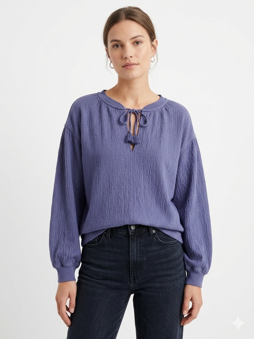 Aerie Women's Purple Long Sleeve Crinkle Texture Tie Neck Blouse Size XS Boho